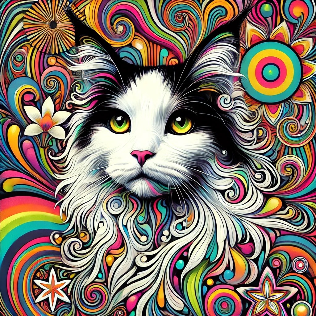 A green-eyed cat surrounded by bold colorful swirls, flowers, and a rainbow