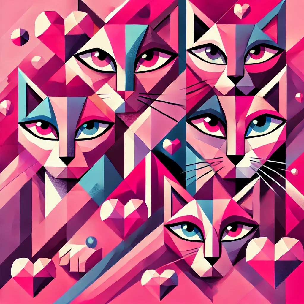 Geometric pink cat faces and hearts form a Cubist Valentine composition