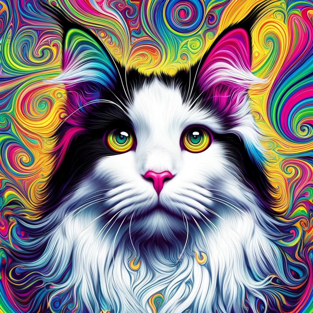 A frontal cat portrait with concentric rainbow eyes and fine swirling lines