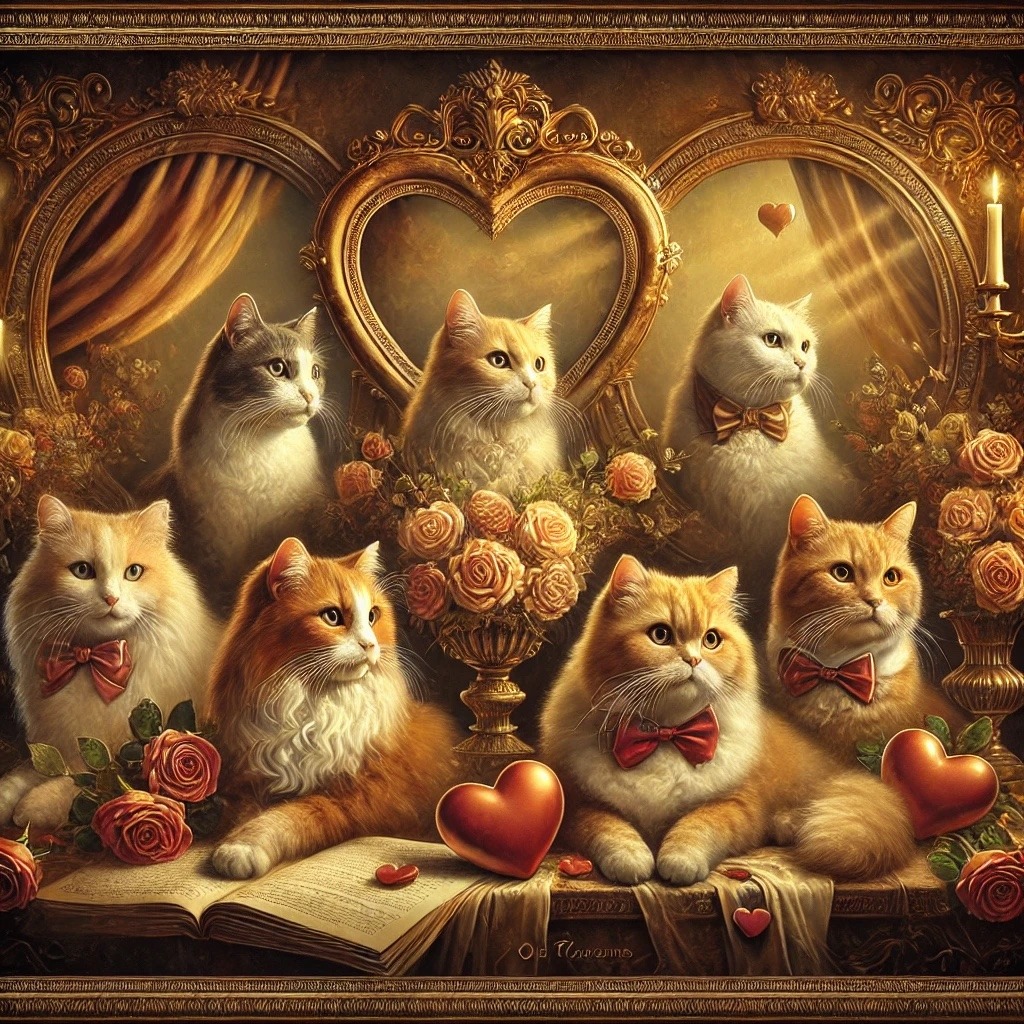 Seven cats sit among roses, bows, and a golden heart frame