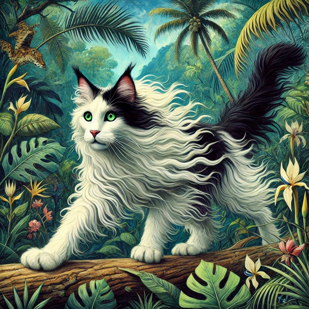 A cat walks along a log with its tail raised amid dense tropical foliage