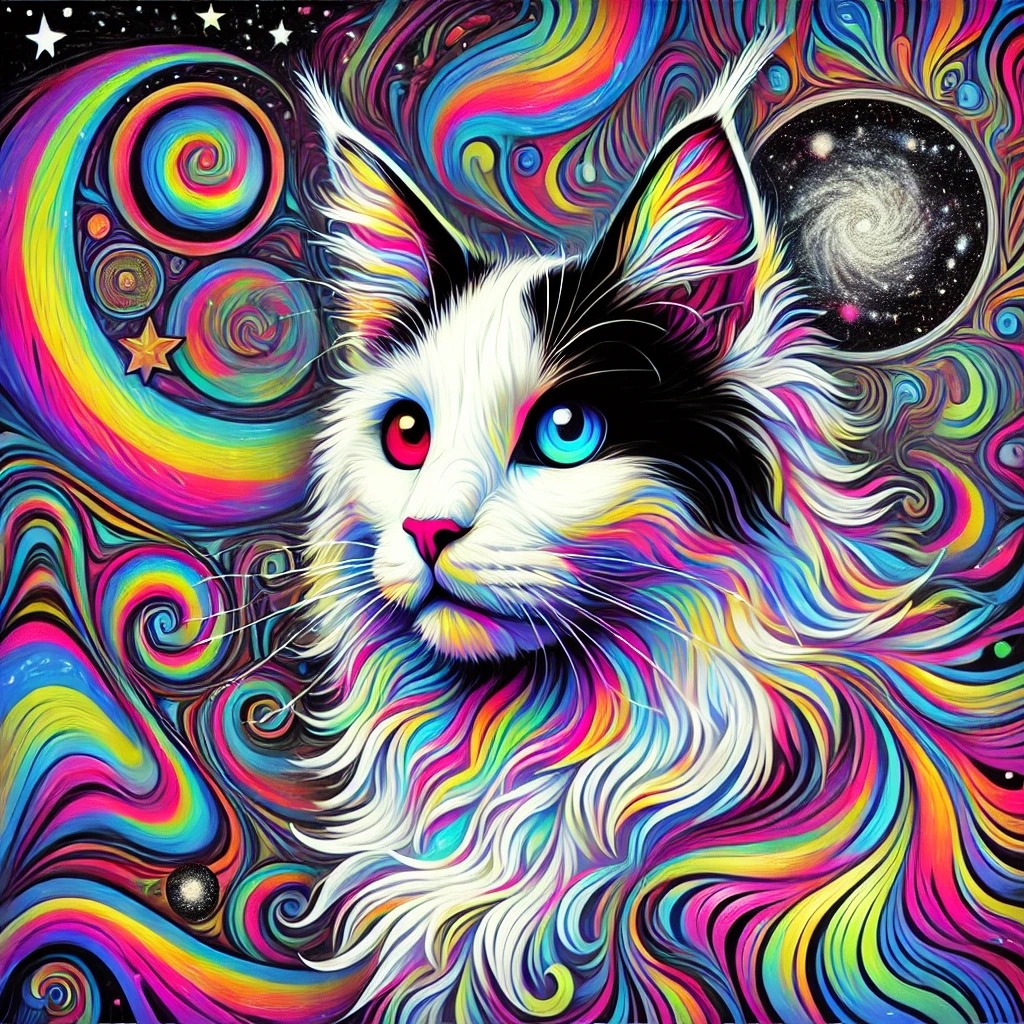 A cat with multicolored eyes appears beneath a luminous galaxy and swirling colors
