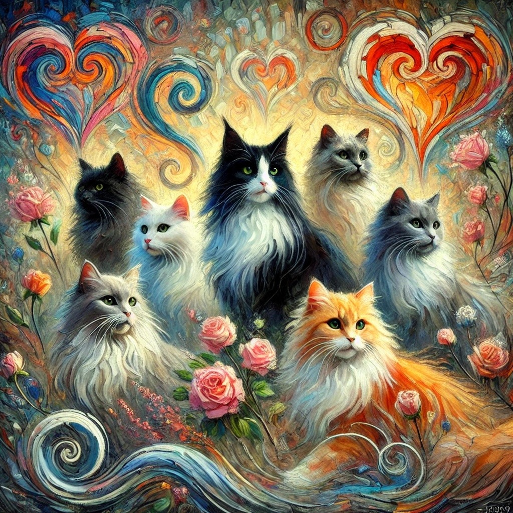 Cats in a softly painted Valentine scene with warm light and flowers