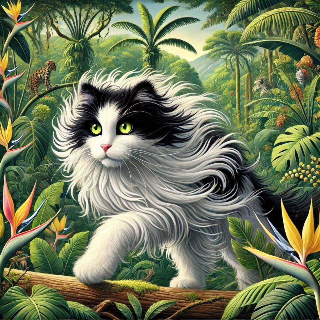 An alert cat moves low through tropical foliage and bird-of-paradise flowers