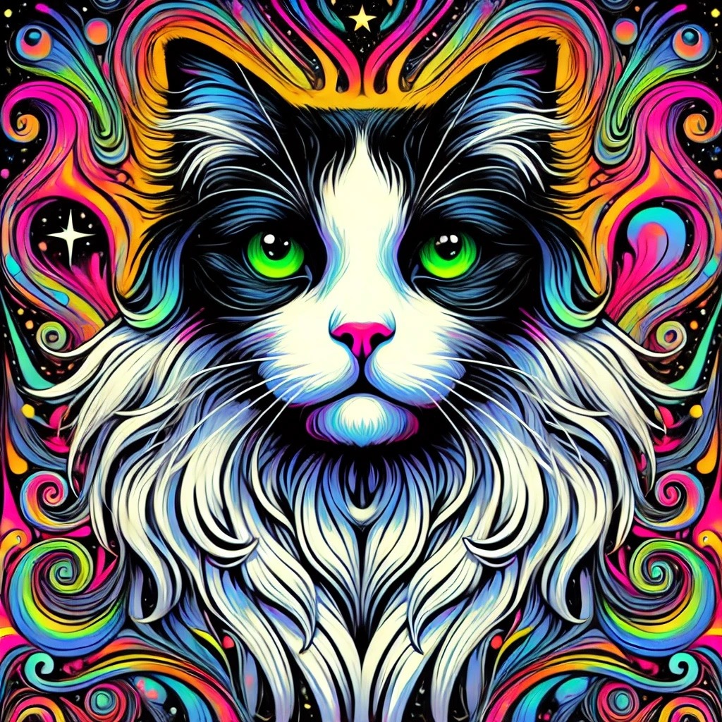A green-eyed black-and-white cat centered within symmetrical rainbow patterns
