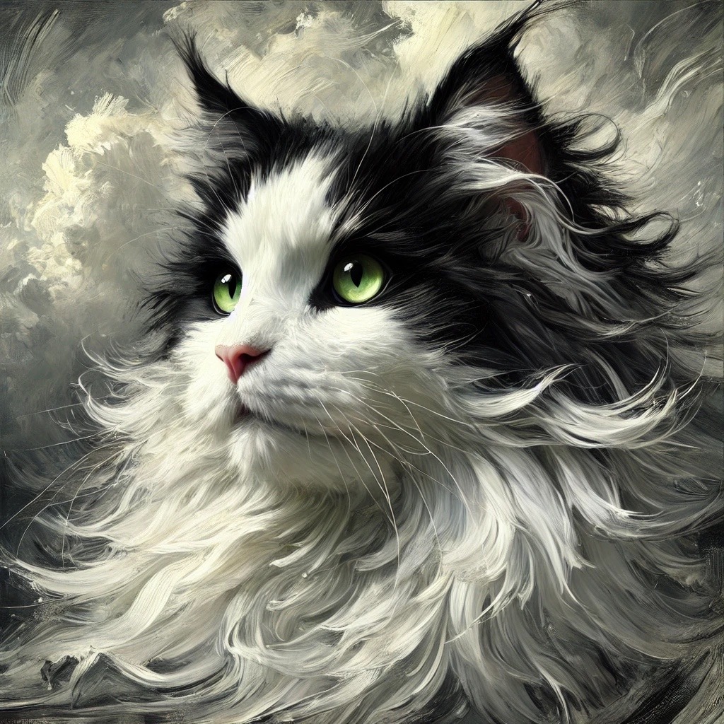 A black-and-white longhaired cat with green eyes and windblown fur beneath storm clouds