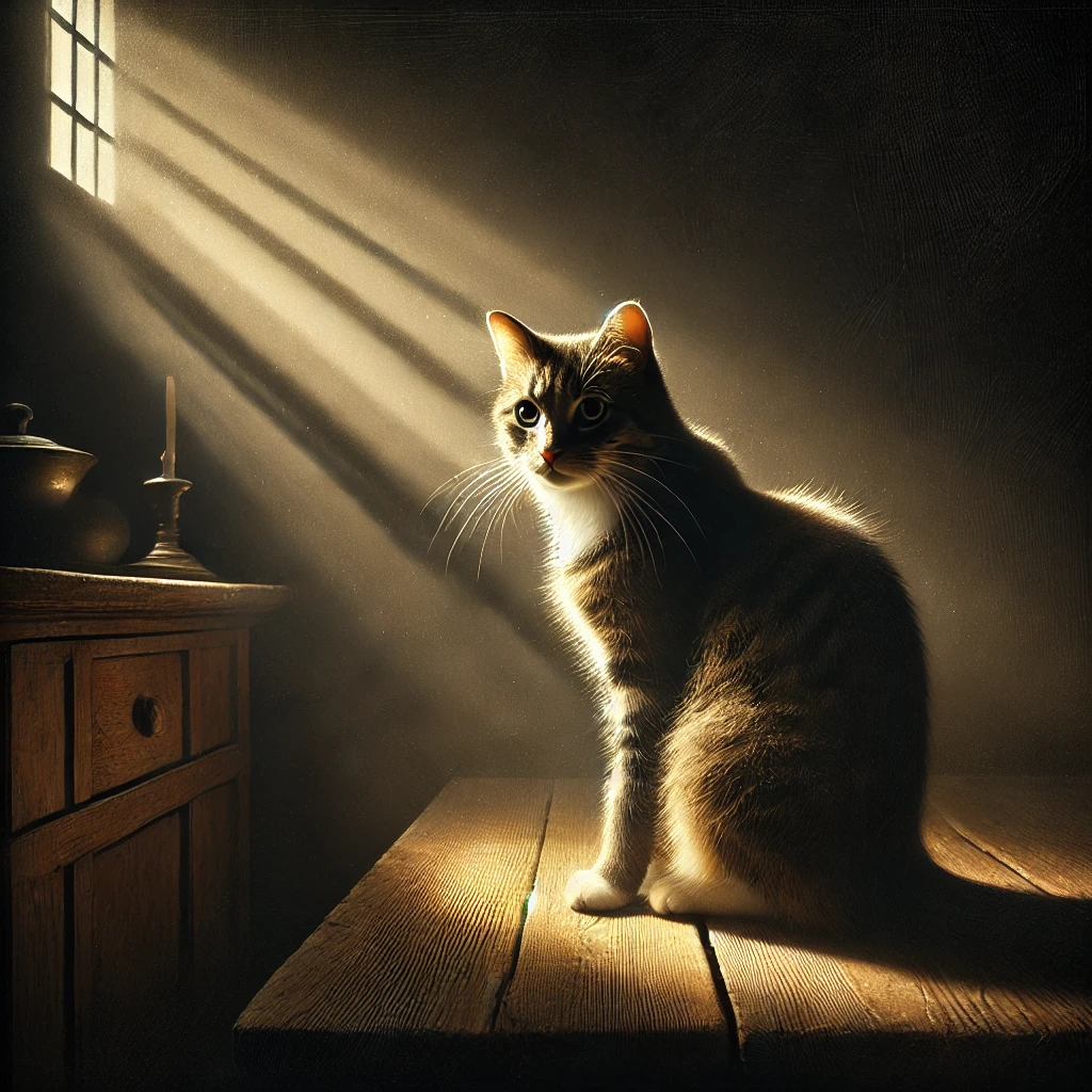 A tabby and white cat sitting on a wooden table in golden light streaming from a high window