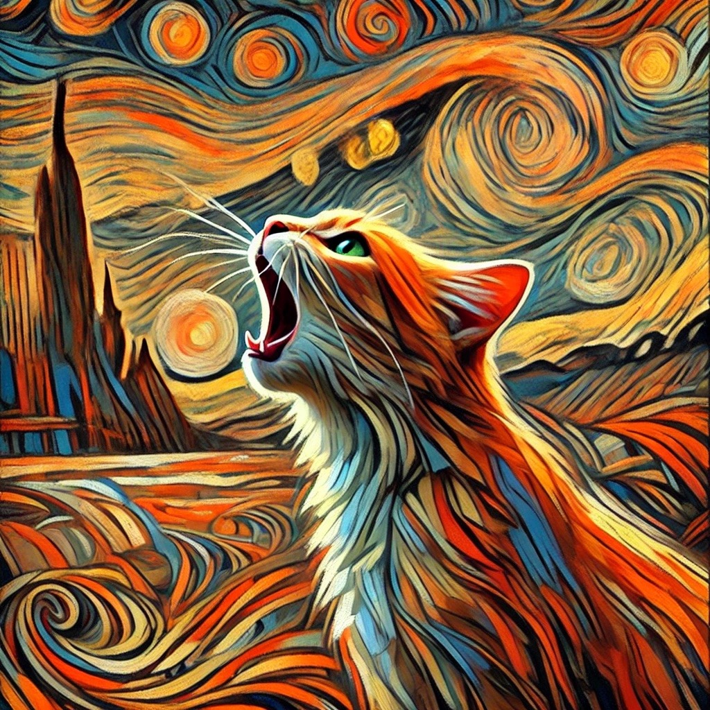 An orange cat howls beneath a turbulent sky of orange, gold, and blue swirls