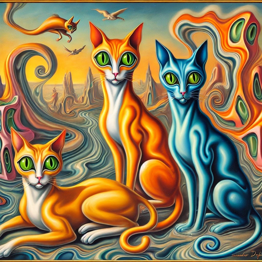 Three orange and blue cats with green eyes sit in a melting surreal landscape