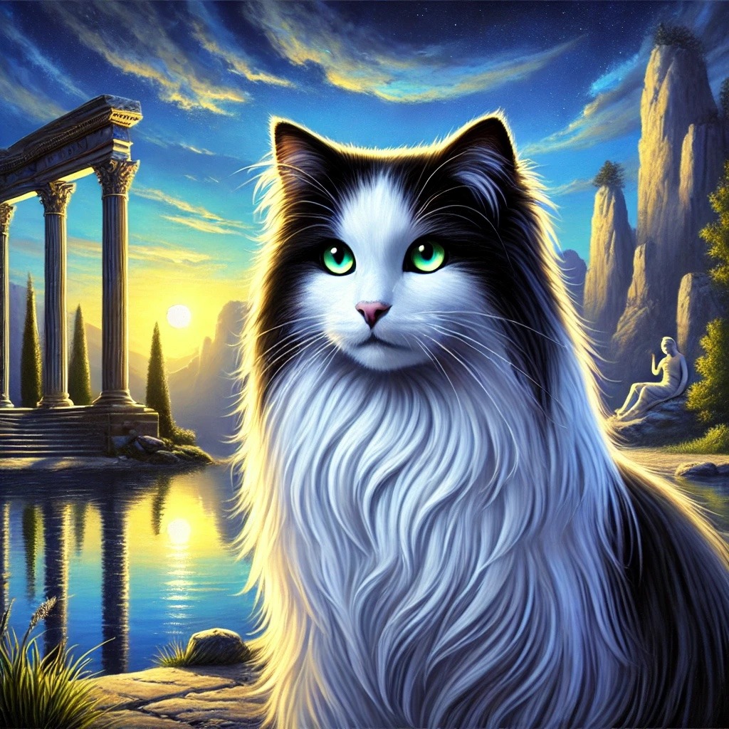 A black-and-white cat beside reflective water, classical columns, cliffs, and a blue-and-gold sky