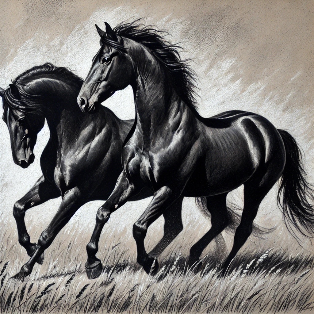 Two black horses running through grass in a monochrome charcoal-style drawing