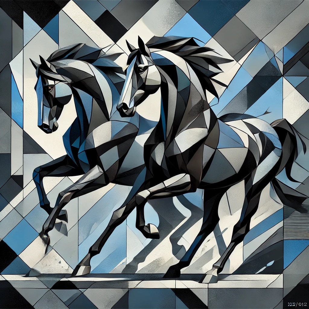 Two horses in motion constructed from interlocking blue, white, gray, and black geometric planes
