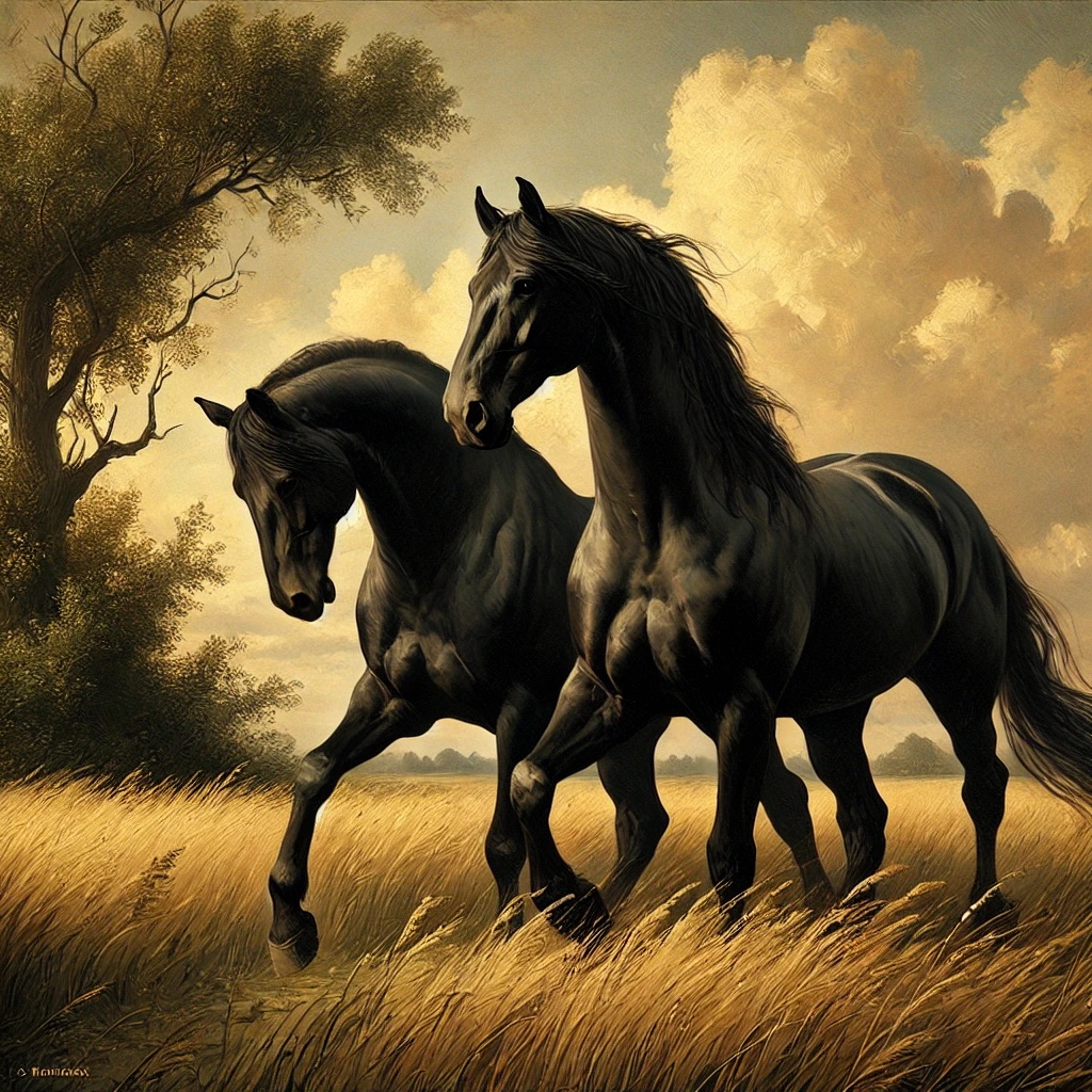 Two black horses moving through a golden field beneath warm clouds and trees