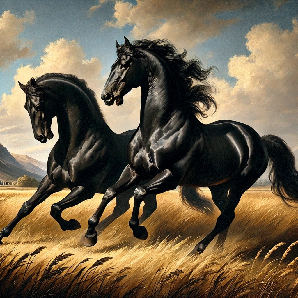 Two muscular black horses run through golden grasses beneath billowing clouds