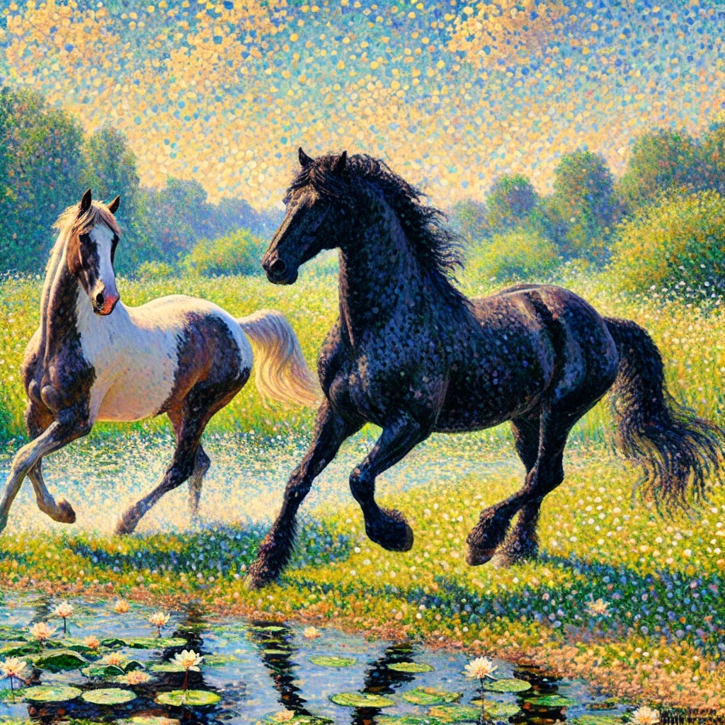 A black horse and a pinto beside a lily pond in a dotted blue, yellow, and green landscape
