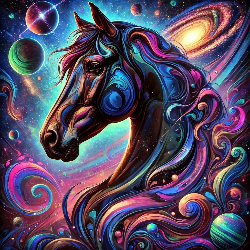A horse formed from flowing jewel-colored swirls against a cosmic sky