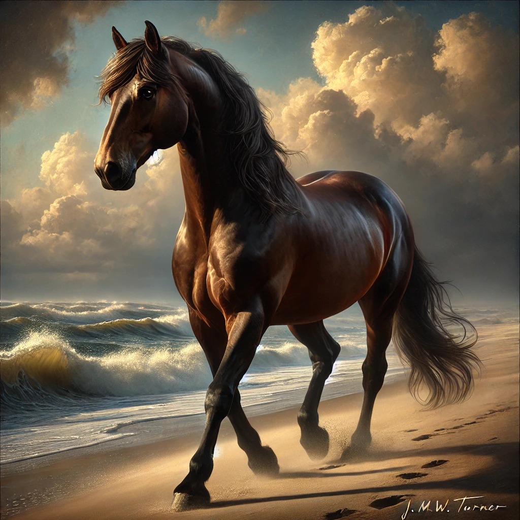A bay horse moving along a beach beside surf and golden clouds