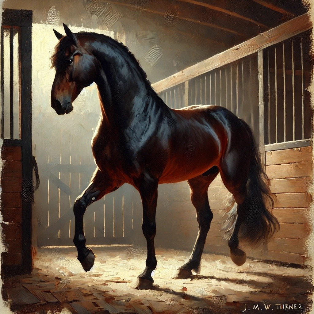 A bay horse moving inside a stable toward a bright opening