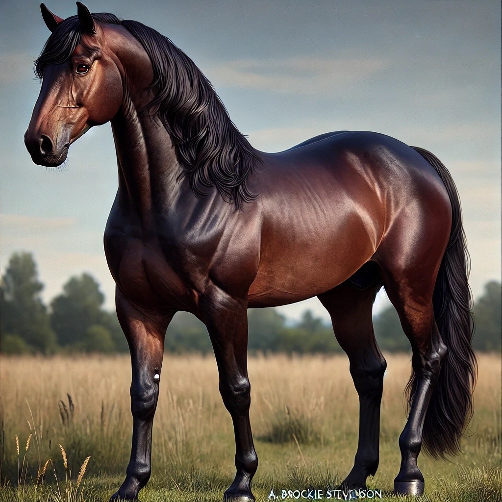 A bay horse with a flowing mane stands in a sunlit meadow