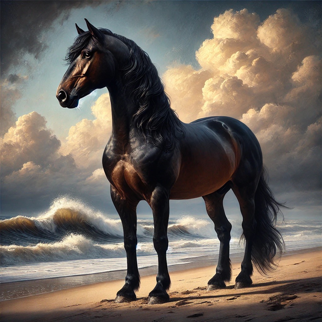 A bay horse standing on the shore before breaking waves