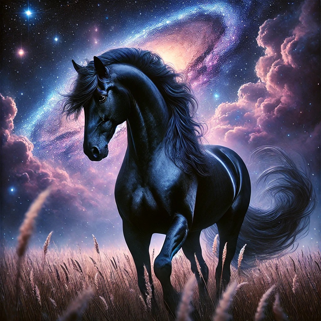 A black horse stands in grasses before a luminous galaxy