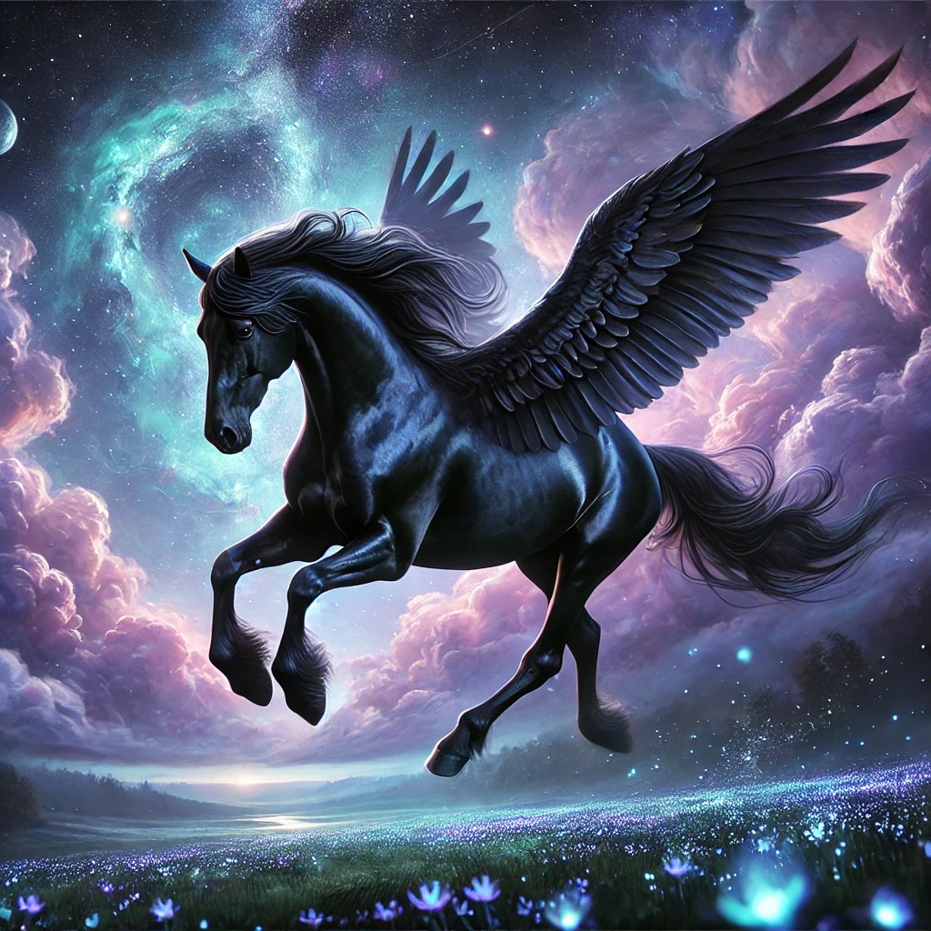 A black winged horse airborne above flowers beneath a turquoise cosmic arc