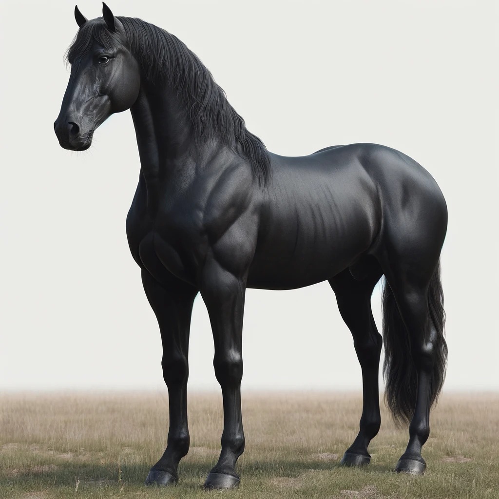 A full-length black horse stands against a pale background