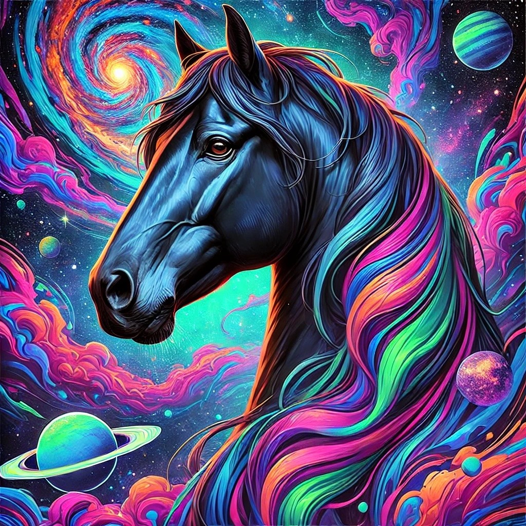 A blue-black horse with a rainbow mane amid swirling galaxies and planets