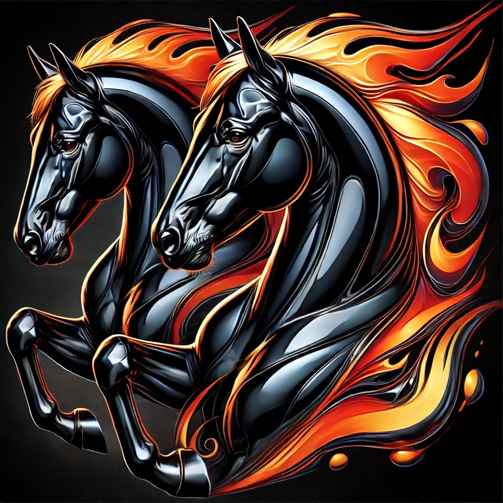 Two glossy black horses with graphic orange flame manes