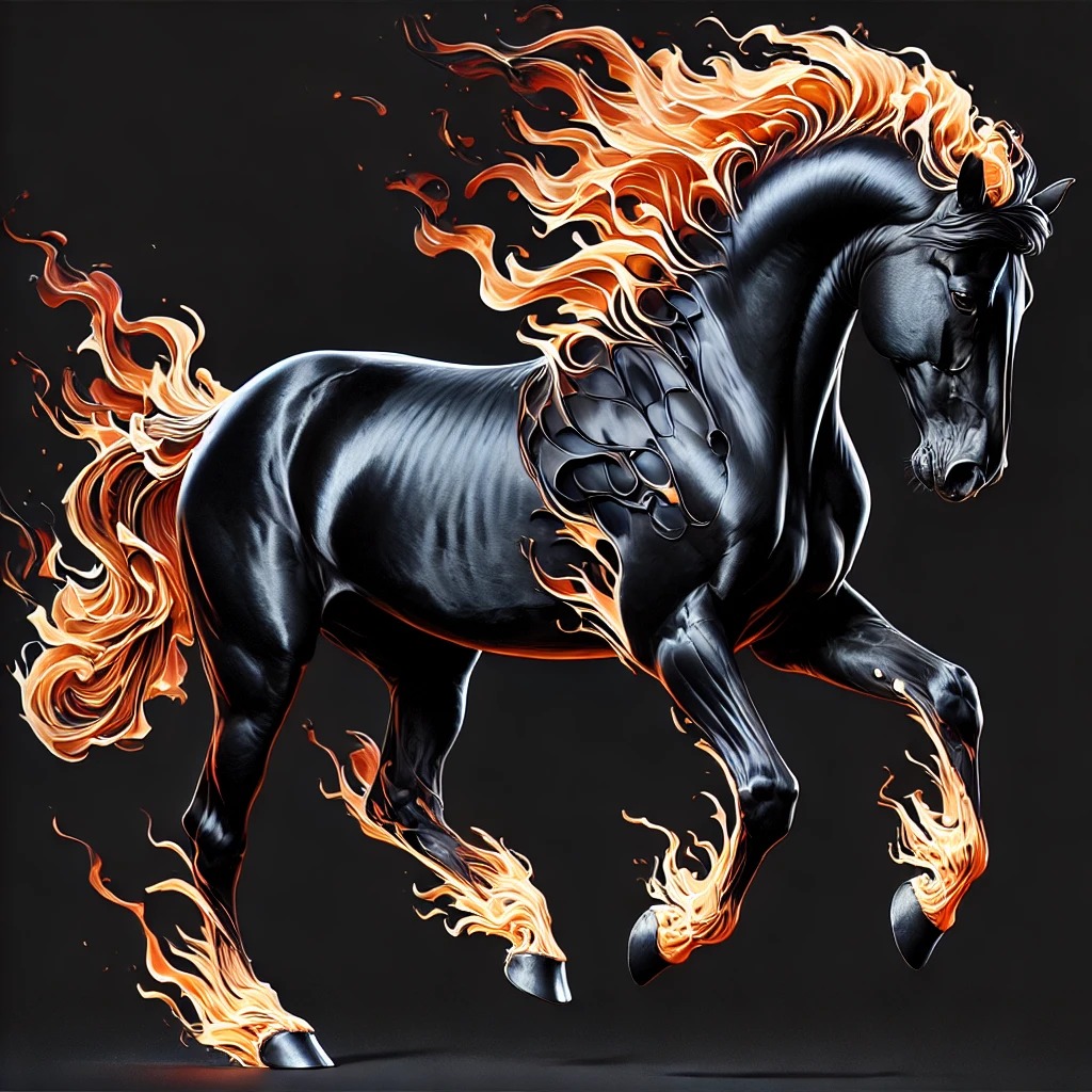 A right-facing black horse with flames along its mane, tail, and hooves