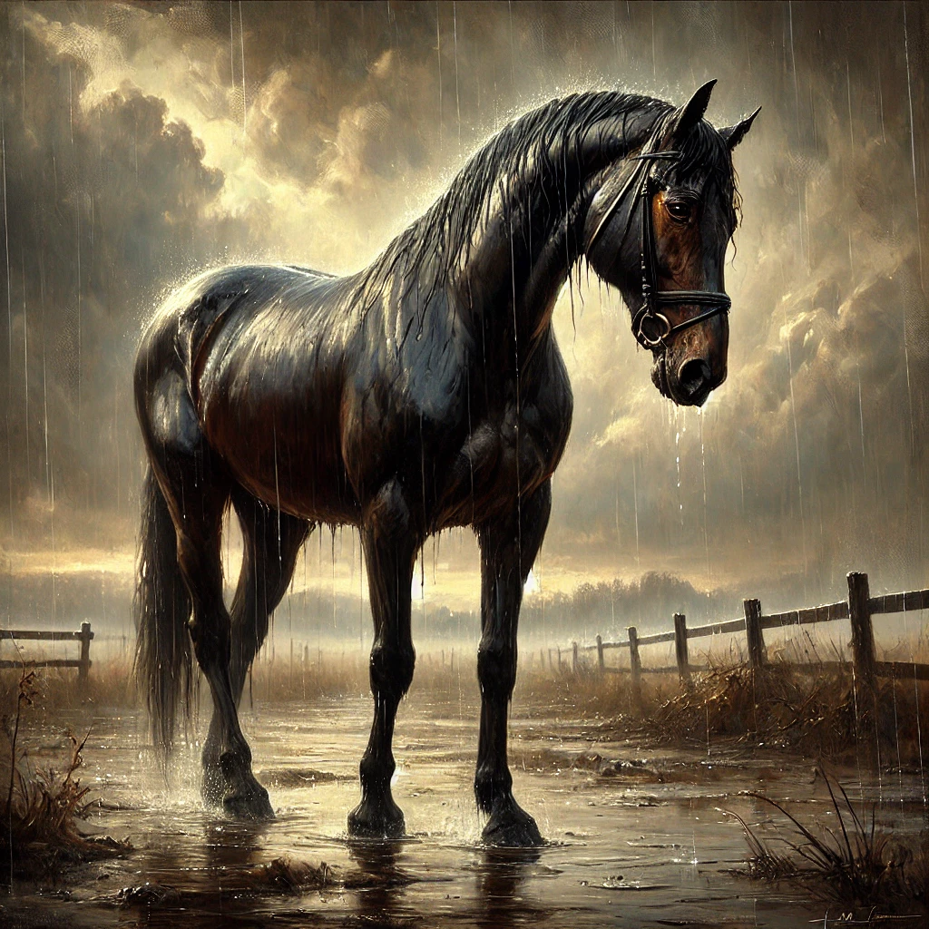 A dark horse standing in a rain-soaked pasture beneath luminous storm clouds