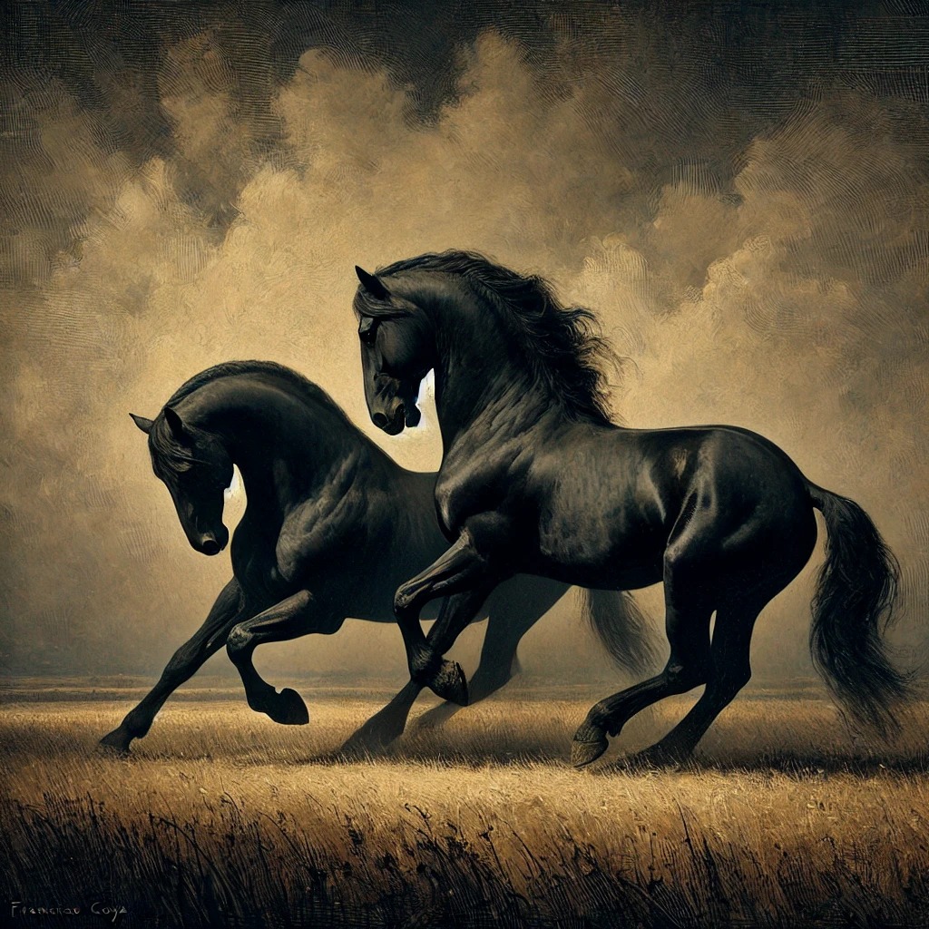 Two black horses move across a golden field beneath dark clouds