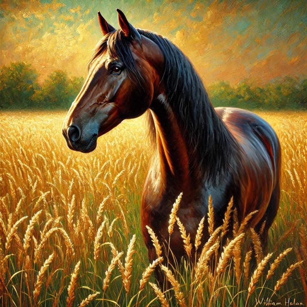 Black horses in a detailed golden pastoral landscape
