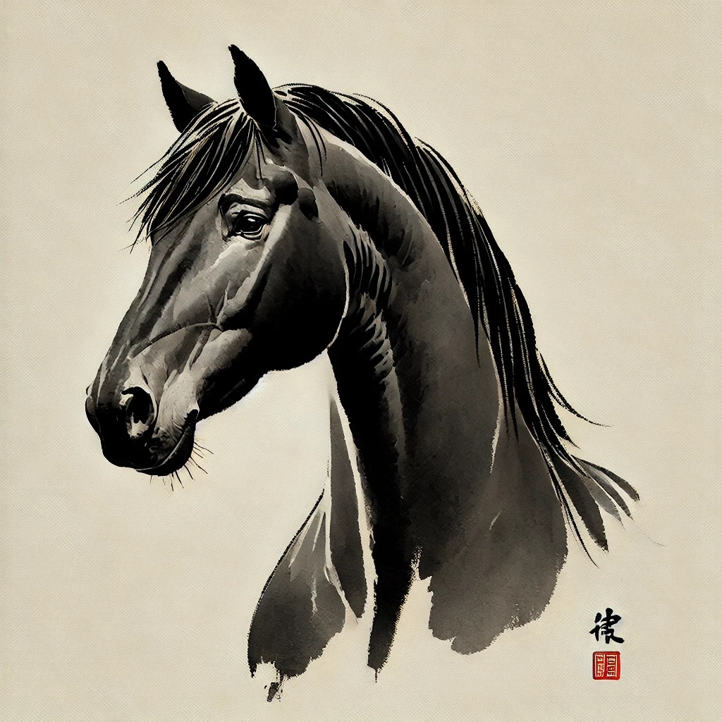 A black horse ink study with calligraphy and a red seal