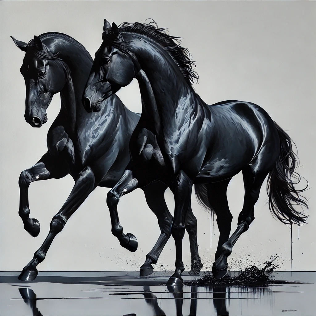Two black horses move together amid ink splashes and drips
