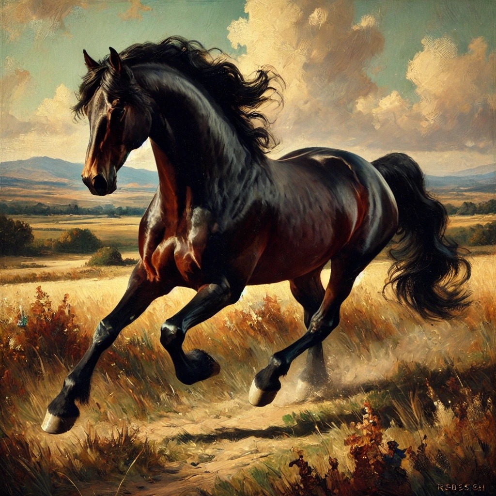 A horse running through golden countryside with mane and tail flowing
