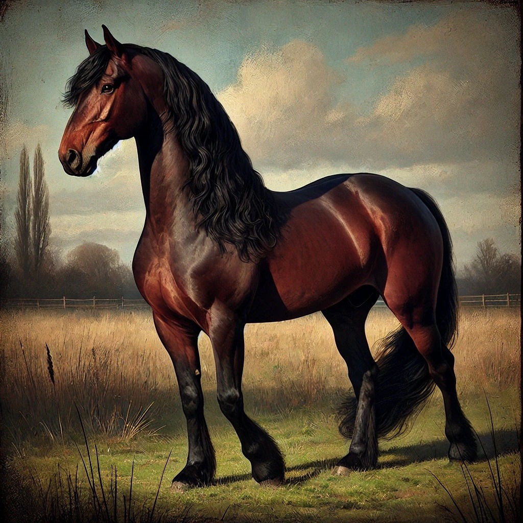 A dark bay horse with a long black mane stands in a golden pasture
