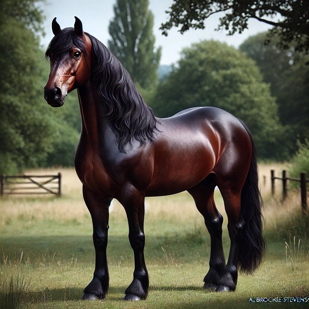 A dark bay horse stands beside a meadow gate beneath leafy trees