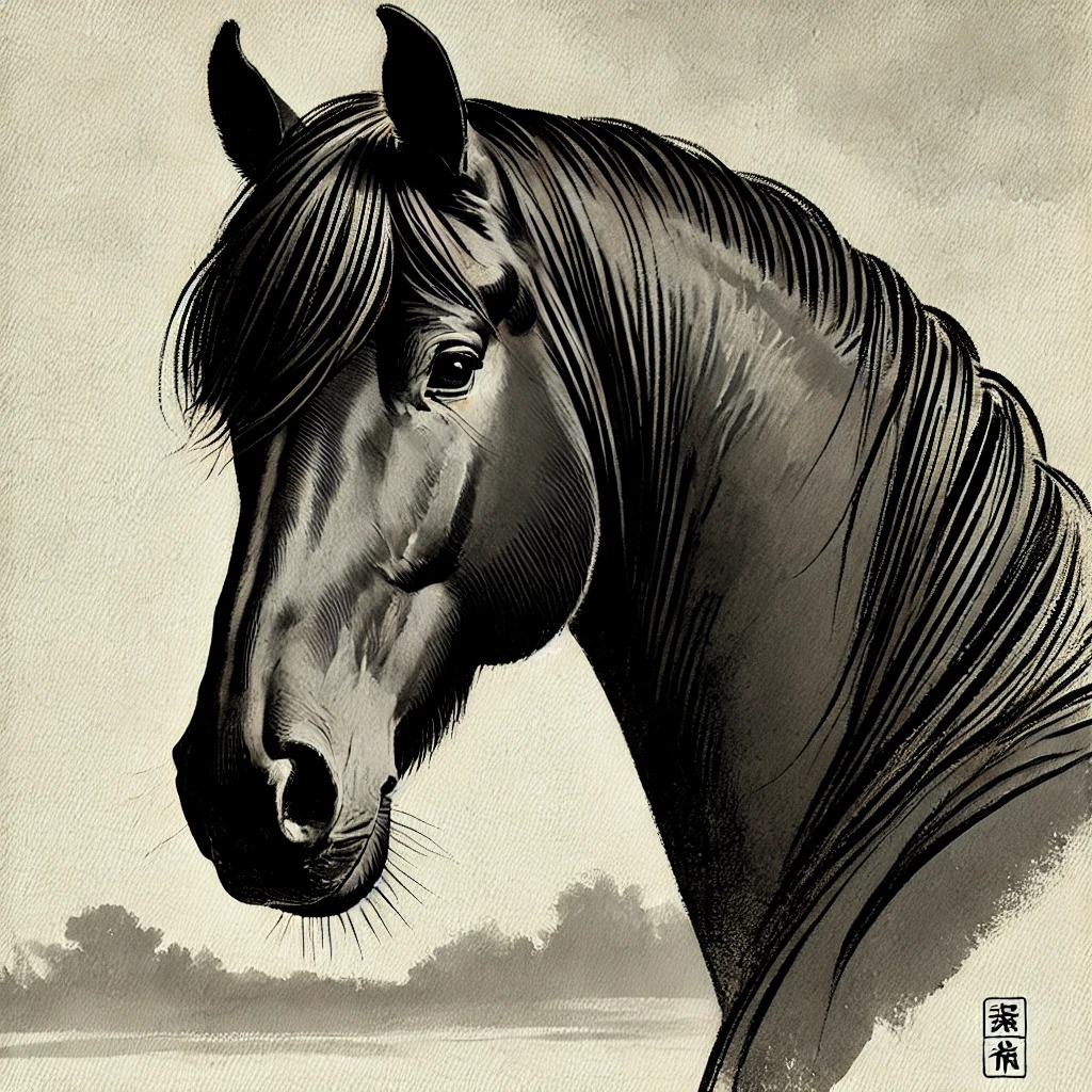 An expressive black horse rendered in ink with black calligraphic characters