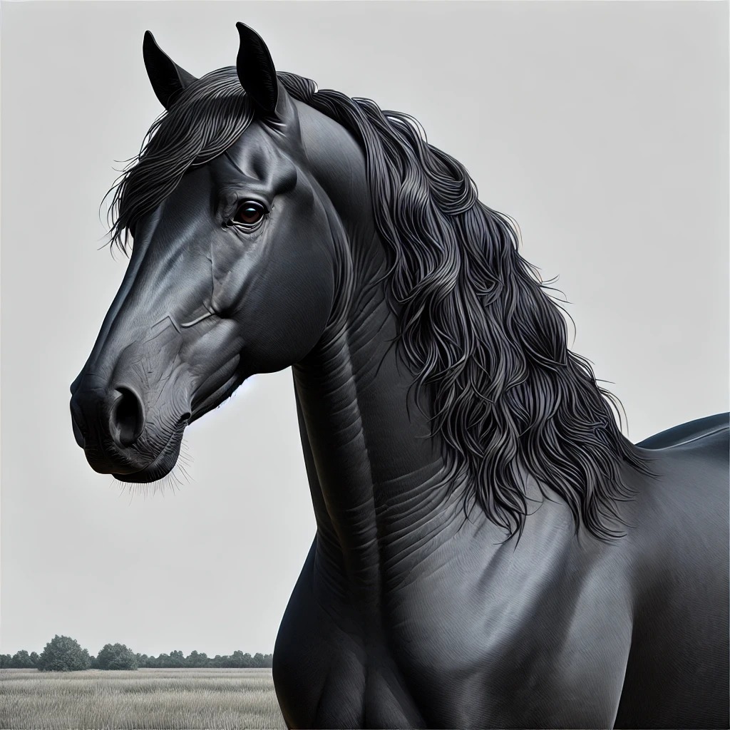 A close view of a black horse's head and neck against a gray background