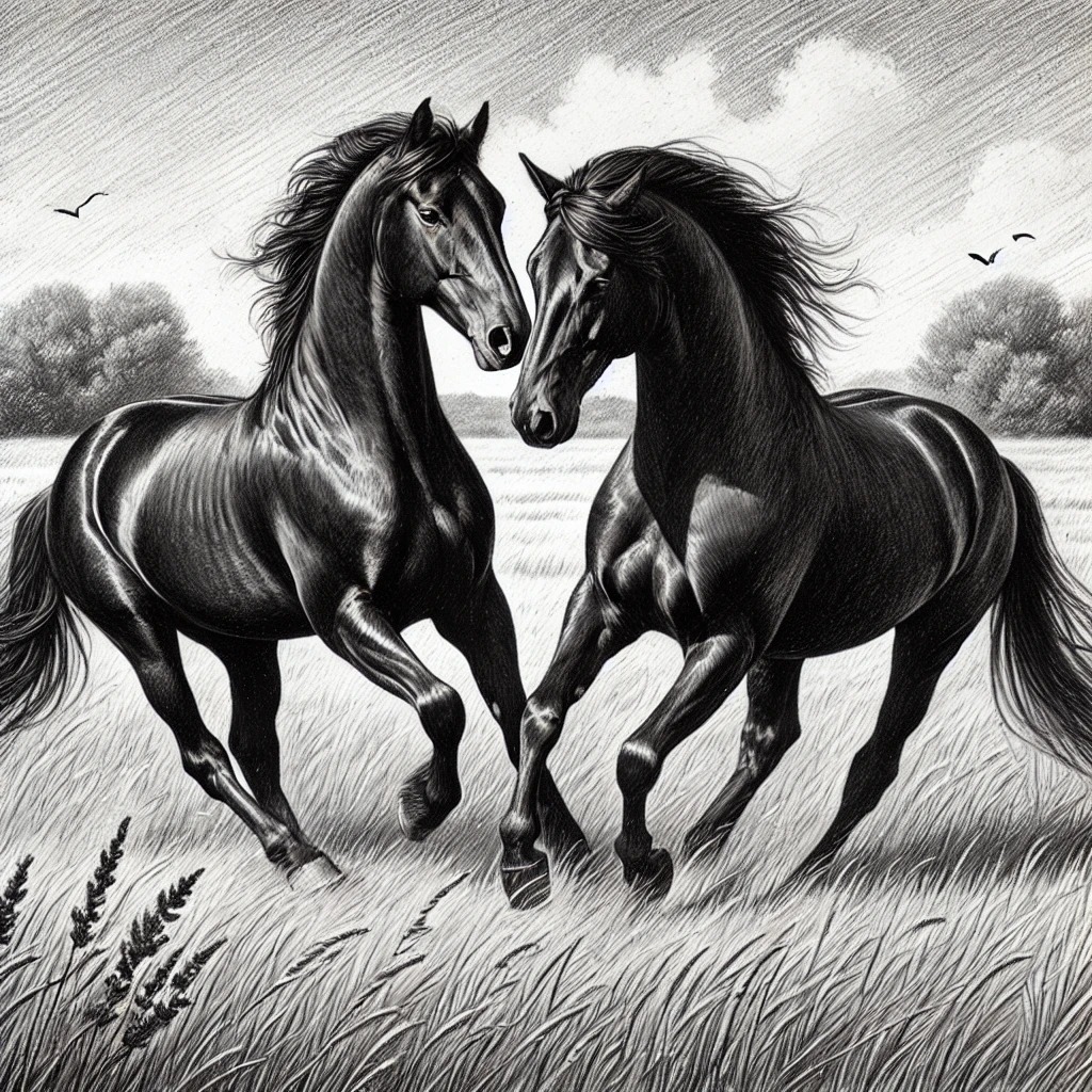 Two black horses face inward amid grasses in a charcoal-like monochrome drawing