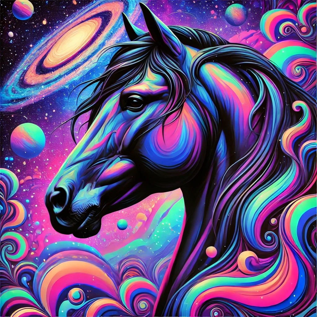 A horse with a neon rainbow mane beneath a galaxy in a pink-and-purple sky
