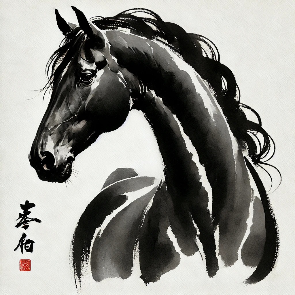 An expressive horse in black ink with calligraphy and a red seal at the left