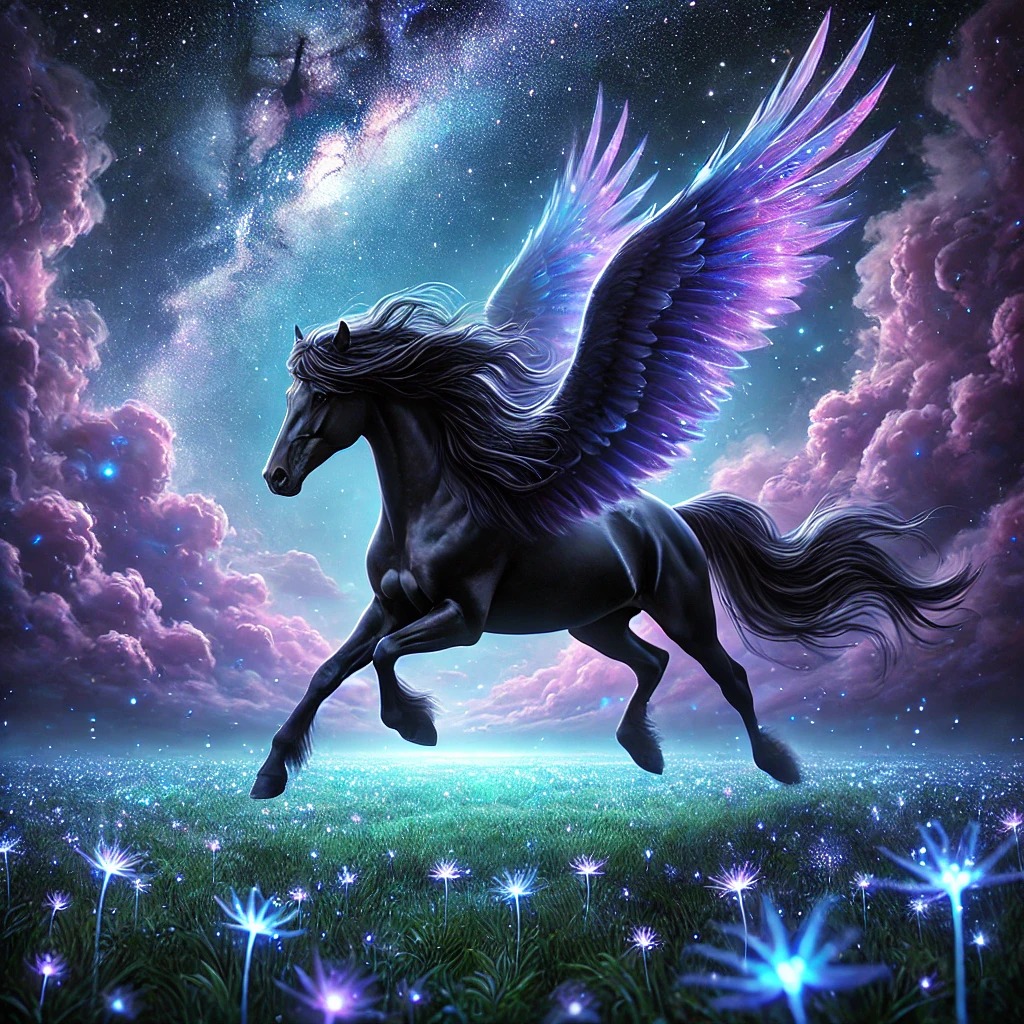 A winged black horse with luminous purple-blue wings above glowing flowers