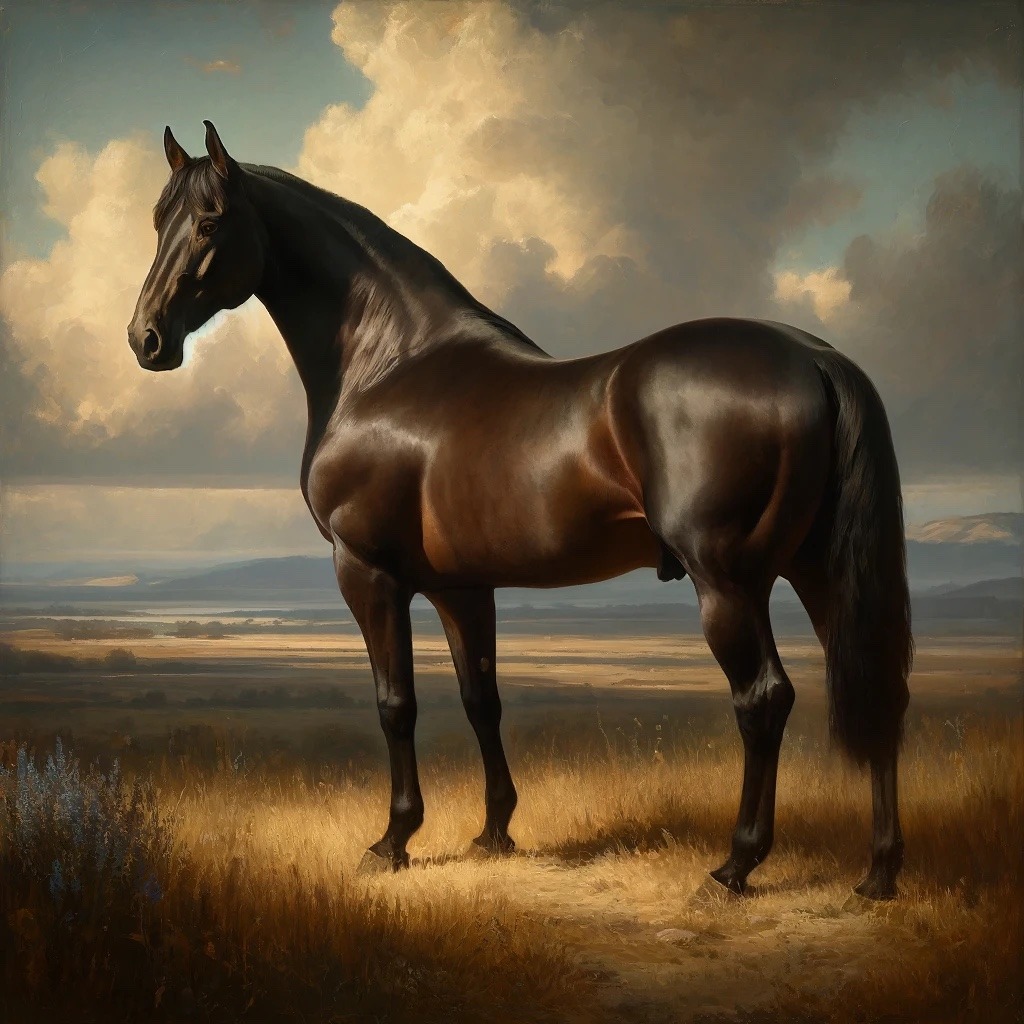A bay horse standing in a softly lit open landscape