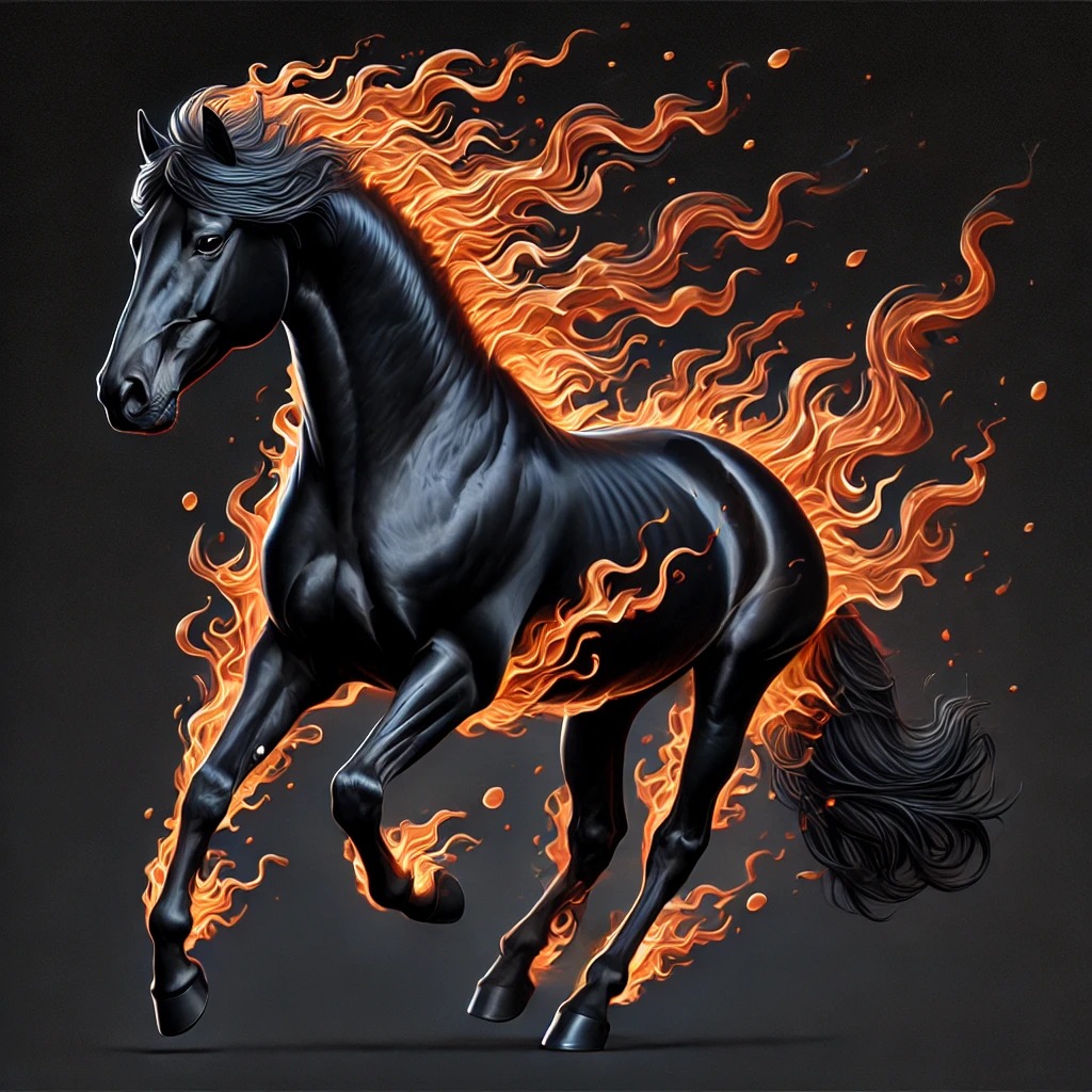 A left-facing black horse surrounded by orange flames