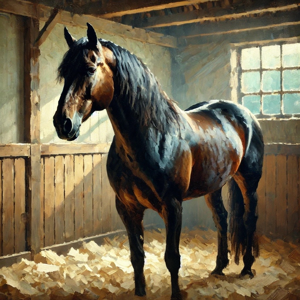 A bay horse standing in a stable with light streaming through a window