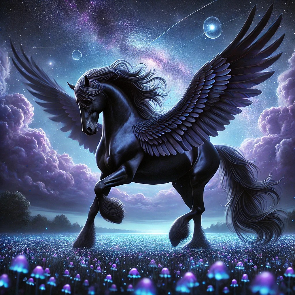 A winged black horse above luminous flowers beneath stars