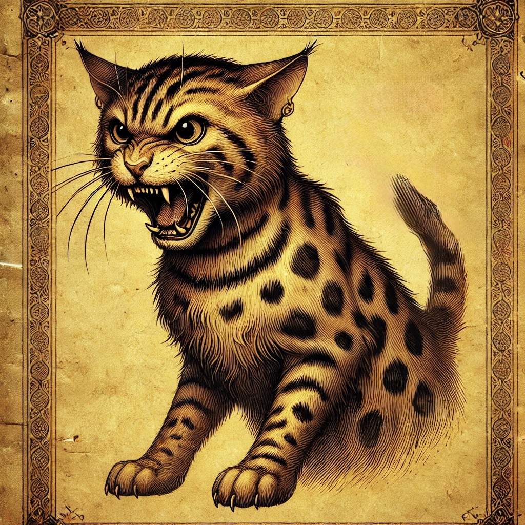 A spotted tabby cat snarls with its mouth open in a medieval manuscript-style illustration