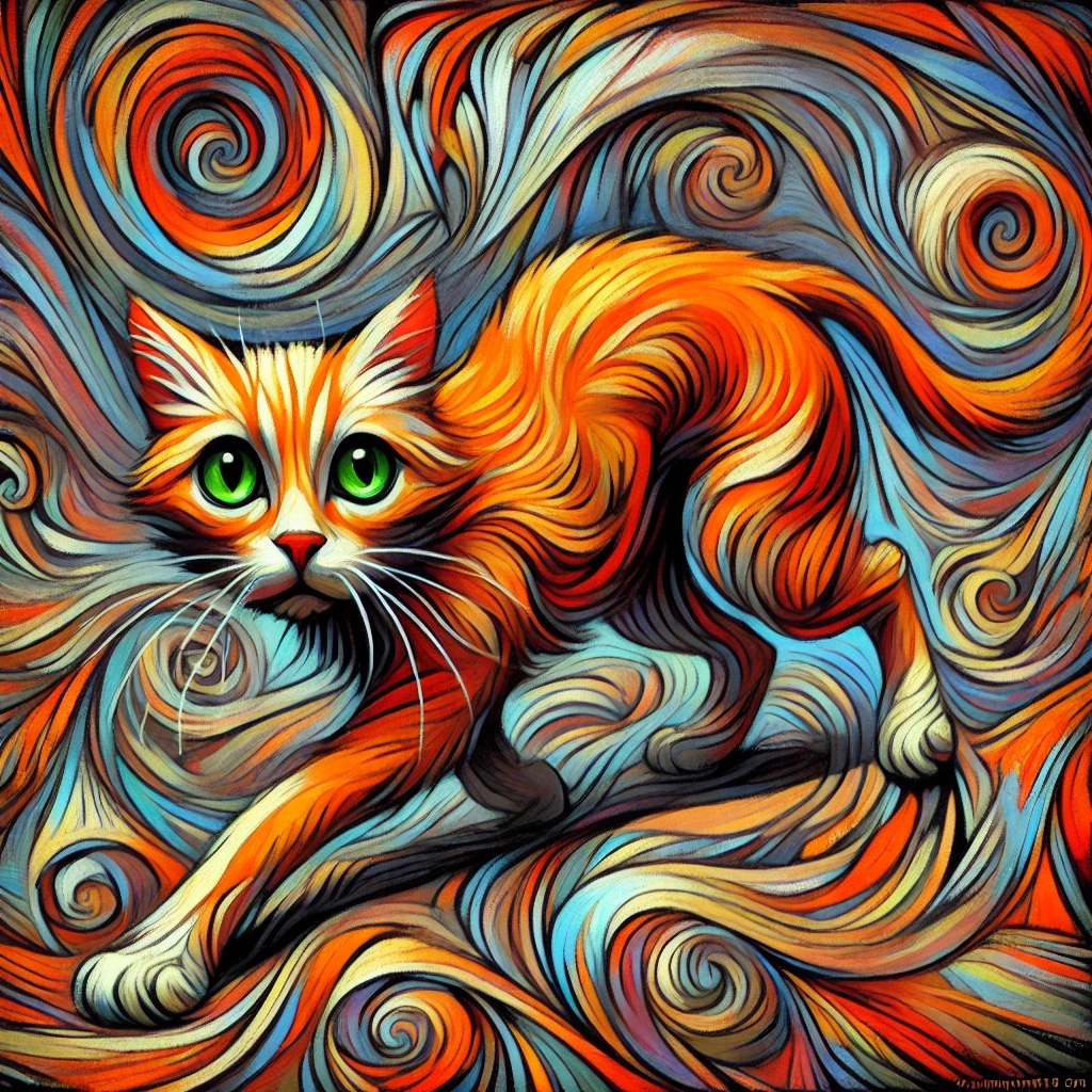 An orange cat crouches among turbulent orange, blue, and gray swirls in an Expressionist composition